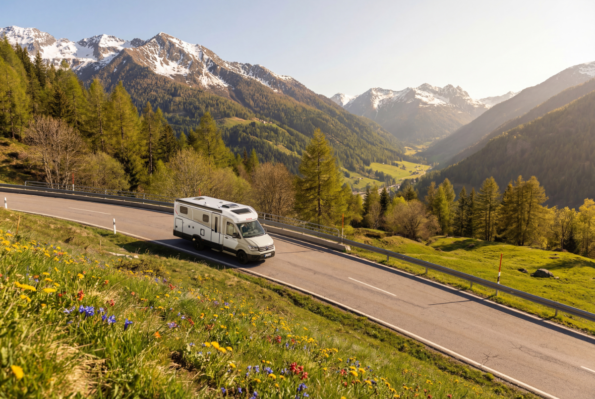 Ein weißes Wohnmobil fährt auf einer Bergstraße.