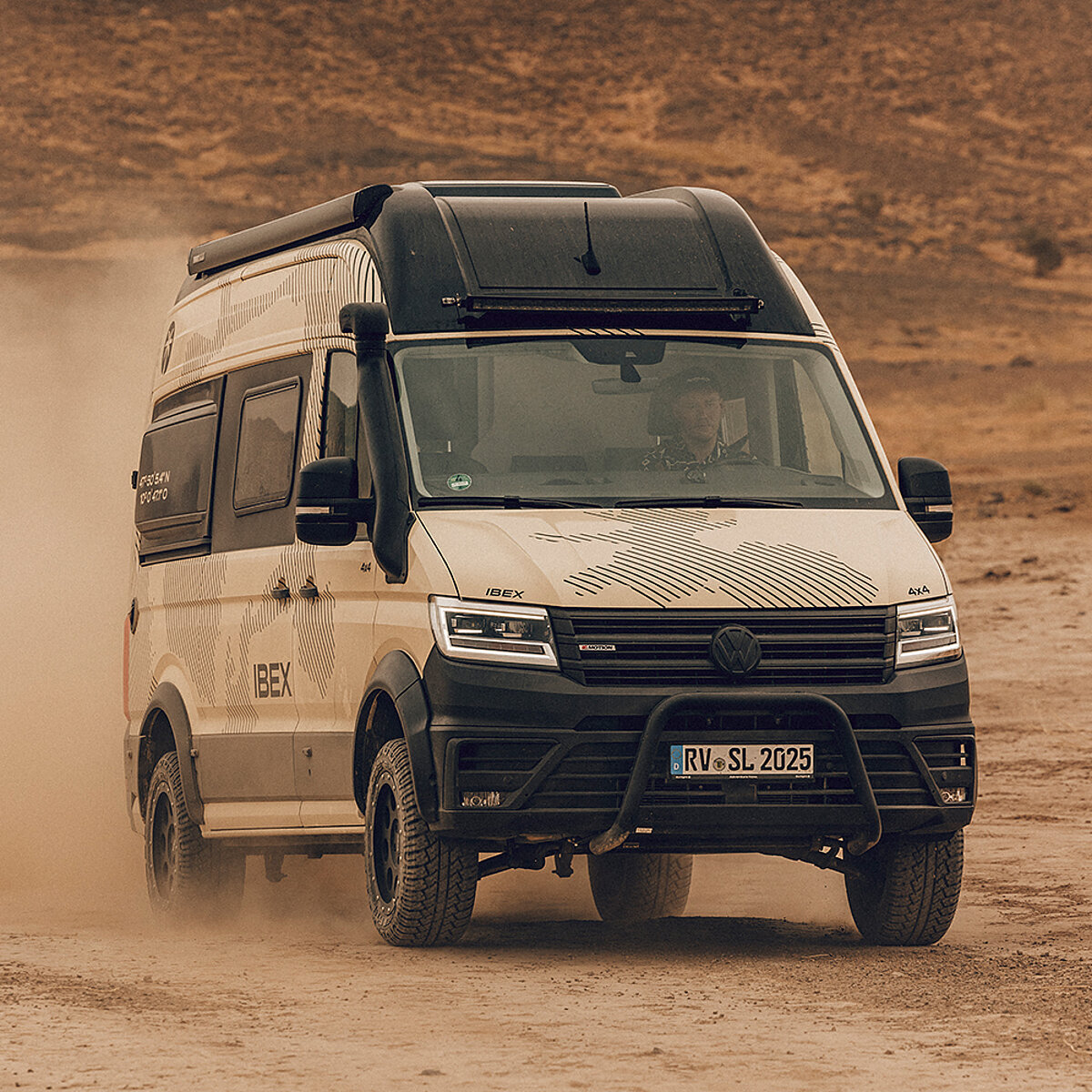 Heller Camper Van in einer Wüstenlandschaft.